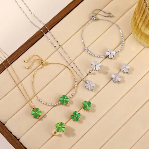 Rotating Clover Jewelry Set Stainless Steel Copper Zircon Cat's Eye Stone Necklace Earrings Ring And Bracelet For Women