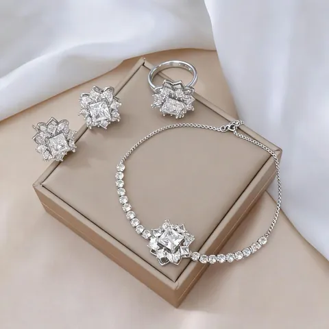 Rotating Floral Zirconia Jewelry Set Titanium Steel Square Stone Necklace Earrings Ring Bracelet For Women Wedding Party Jewelry