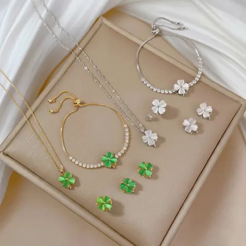 Rotating Clover Jewelry Set Stainless Steel Copper Zircon Cat's Eye Stone Necklace Earrings Ring And Bracelet For Women