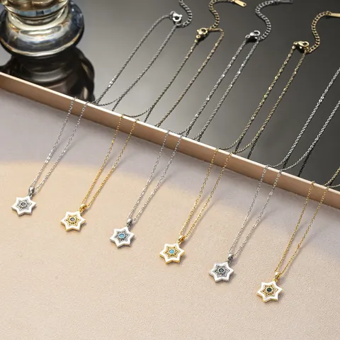 Vintage Stainless Steel Hexagram Pendant Necklace For Women Alloy Zirconia Shell Star Of David Clavicle Chain Jewelry Gift