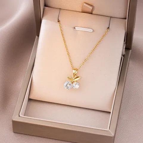 Sweet Cherry Pendant Necklace For Women Titanium Steel Copper Clavicle Chain Zirconia Inlaid Fashion Jewelry Accessory Gift