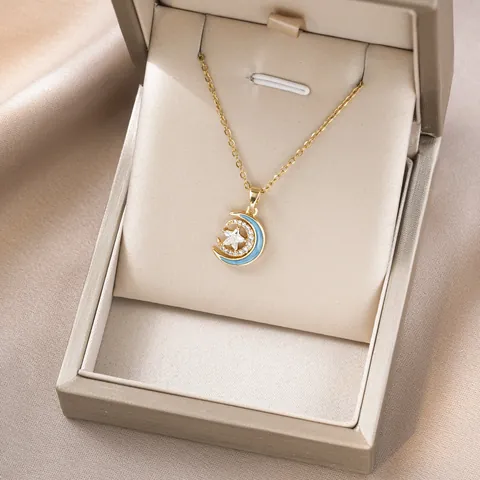 Collar con Colgante de Estrella y Luna Retro para Mujer Cadena de Acero de Titanio Colgante de Cobre Zirconia Incrustada