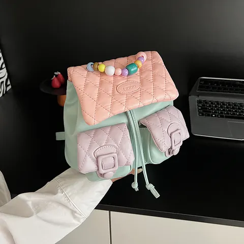 Women's Mini Fashion Backpack Quilted PU Leather Macaron Color Block Bag With Colorful Beads Handle Drawstring Flap Daypack