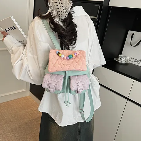 Women's Mini Fashion Backpack Quilted PU Leather Macaron Color Block Bag With Colorful Beads Handle Drawstring Flap Daypack