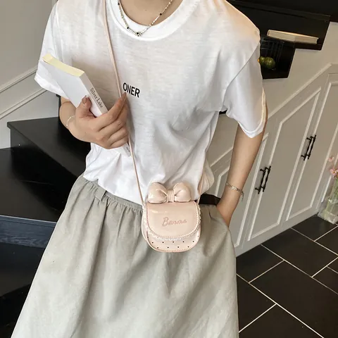 Bolso Bandolera Mini con Nudo de Lazo Estilo Coreano Dulce para Mujer Borde de Encaje Patrón de Corazón Bolso de Hombro Pequeño de Cuero PU para Niñas