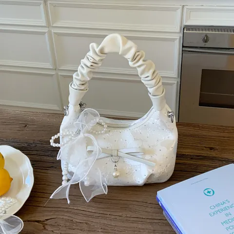 Women Elegant Ruched Top Handle Bag With Lace Bow Artificial Pearl Sweet PU Leather Crossbody Shoulder Bag For Party Wedding