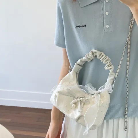 Women Elegant Ruched Top Handle Bag With Lace Bow Artificial Pearl Sweet PU Leather Crossbody Shoulder Bag For Party Wedding