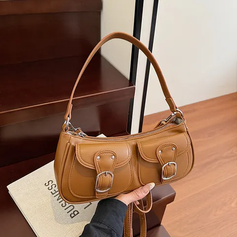 Bolso de Axila de Cuero PU Retro para Mujer Moda Doble Bolsillo Bolso de Hombro Hebilla de Plata Versátil Bolso Cruzado
