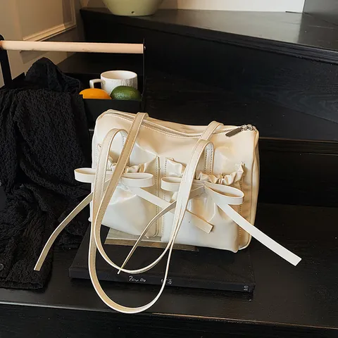 Vintage Bow PU Leather Underarm Bag For Women Retro Multi Pocket Pillow Shoulder Bag Y2K Style Metallic Glossy Handbag