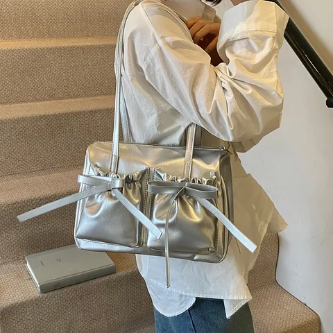 Vintage Bow PU Leather Underarm Bag For Women Retro Multi Pocket Pillow Shoulder Bag Y2K Style Metallic Glossy Handbag