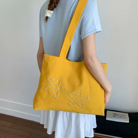 Sac Cabas En Toile Pour Femmes Minimaliste Rivets Étoile Grande Capacité Sac À Main Bandoulière Pour Le Quotidien Style Ins
