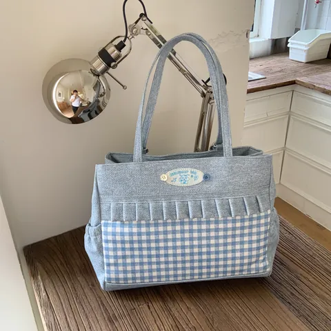 Kawaii Canvas Tote Bag Japanese Style Ruffle Plaid Large Capacity Shoulder Handbag For Women Girls Daily Use School Bag
