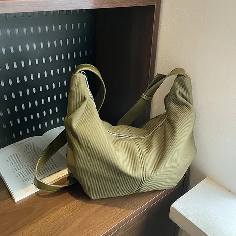 Borsa a Spalla in Velluto a Coste Plissettata Grande Capacità Tinta Unita Mezzaluna Hobo Bag Donna Casual Crossbody Tote
