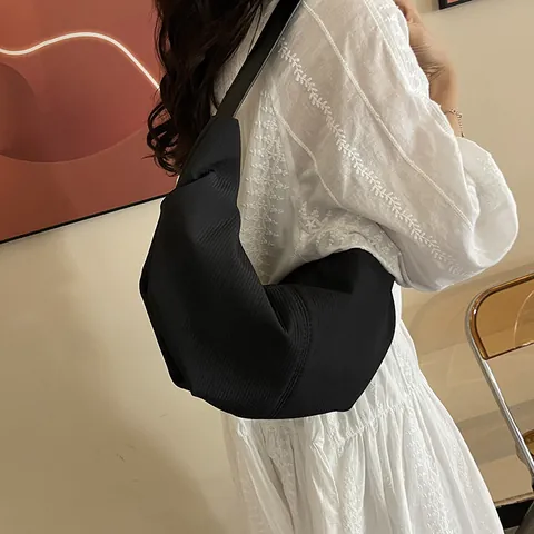 Borsa a Spalla in Velluto a Coste Plissettata Grande Capacità Tinta Unita Mezzaluna Hobo Bag Donna Casual Crossbody Tote