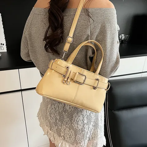 Damen Glänzende PU-Leder Achseltasche Retro Gürtelschnalle Tote Handtasche Mit Verstellbarem Riemen Crossbody Schultertasche