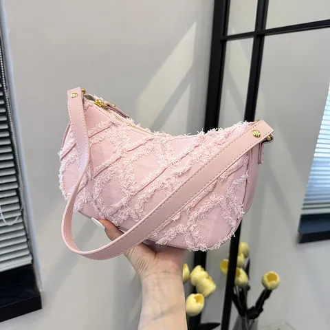 Bolso de Axila de Mezclilla para Mujer Celosía de Diamantes Diseño de Bordes Deshilachados Bolso de Hombro Casual Hobo