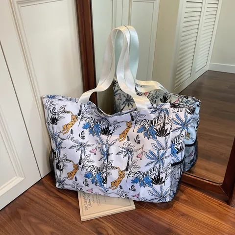 Large Capacity Floral Printed Oxford Cloth Tote Bag For Women Multi Pocket Travel Shopping Handbag Functional Shoulder Bag