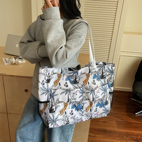 Large Capacity Floral Printed Oxford Cloth Tote Bag For Women Multi Pocket Travel Shopping Handbag Functional Shoulder Bag