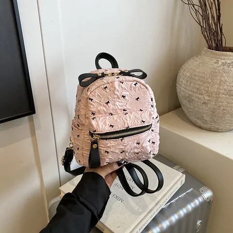 Damen Mini Rucksack Süß Schleife Print Geraffte Textur Mode Kleiner Schulranzen PU Leder Reißverschluss Täglich Casual Reise Tasche