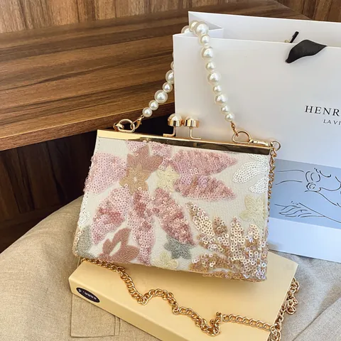 Borsa da Sera Vintage con Ricamo Floreale di Paillettes Manico di Künstliche Perle Tracolla a Catena d'Oro Elegante Borsa Donna Festa