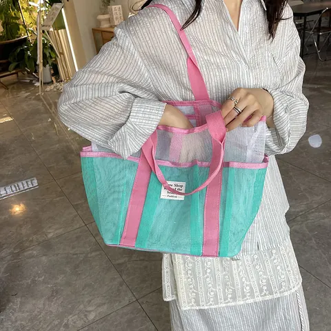 Γυναικεία Μοντέρνα Τσάντα Mesh Tote Μεγάλη Χωρητικότητα Patchwork Πολλές Τσέπες Τσάντα Ώμου Αναπνεύσιμη για Παραλία Διακοπές