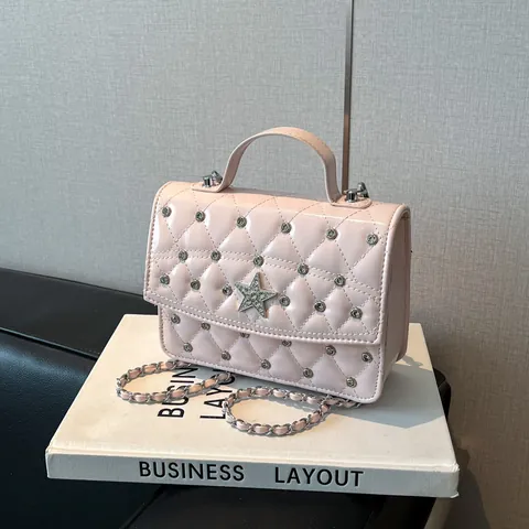 Mode Gesteppte Raute Stern Kette Umhängetasche Für Damen Funkelnde Strass Crossbody Handtasche PU Leder Kleine Quadratische Tasche