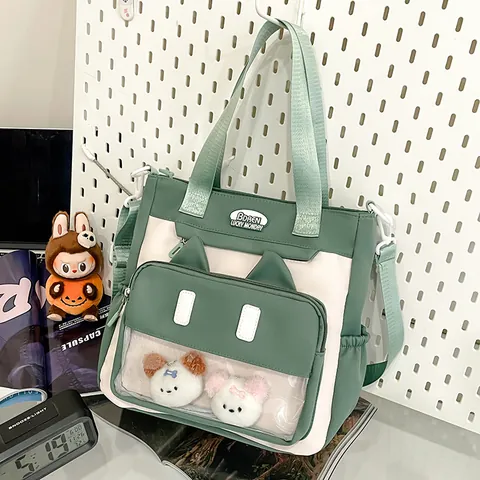 Kawaii Oreilles de Chat Ita Bag Nylon Fenêtre Transparente Sac Fourre-tout Mignon Bloc de Couleur Anime Sac à Épaule Japonais Femmes
