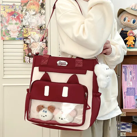 Kawaii Oreilles de Chat Ita Bag Nylon Fenêtre Transparente Sac Fourre-tout Mignon Bloc de Couleur Anime Sac à Épaule Japonais Femmes