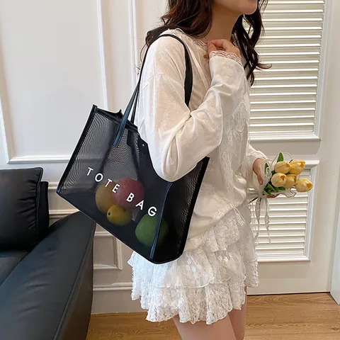 Bolso Tote Minimalista de Malla PVC para Mujer Gran Capacidad Estampado Letras Bolso de Hombro Casual Compras Diarias