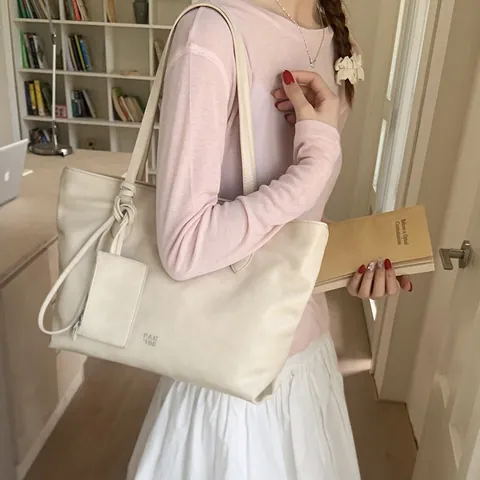 Bolso Tote de Cuero PU de Color Sólido para Mujer Gran Capacidad Bolso de Hombro Casual Con Estuche a Juego Asa con Nudos