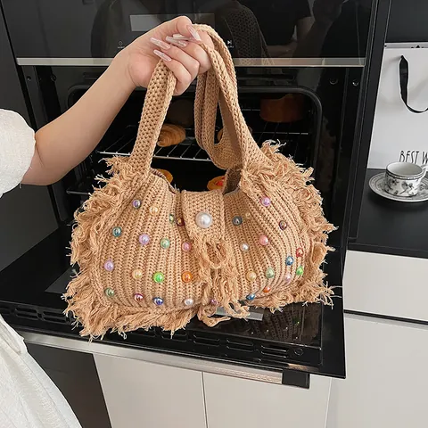 Women's Knit Tote Bag With Colorful Beads Fringe Bohemian Crochet Single Shoulder Bag For Beach Vacation Summer Handmade Woven Bag