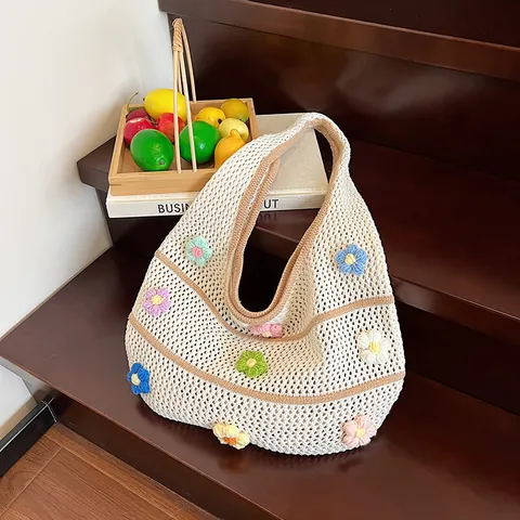 Women Crochet Knitted Floral Tote Bag Handmade 3D Flower Hollow Out Woven Shoulder Bag Summer Beach Vacation Underarm Bag