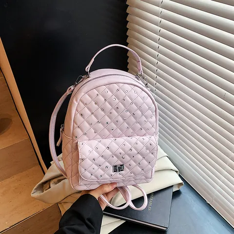 Women Fashion Quilted Rhinestone Mini Backpack PU Leather Elegant Diamond Pattern Chain Travel Backpack Silver Pink White Black Daypack