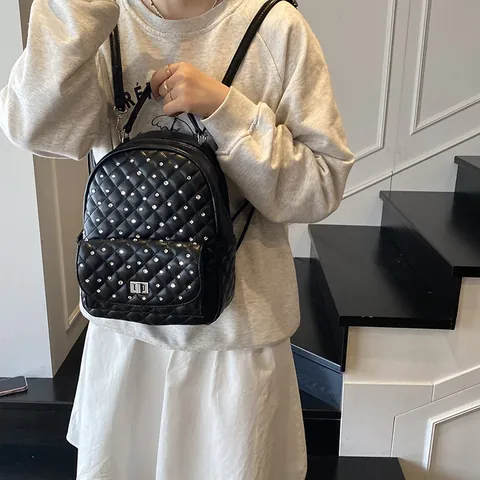 Women Fashion Quilted Rhinestone Mini Backpack PU Leather Elegant Diamond Pattern Chain Travel Backpack Silver Pink White Black Daypack