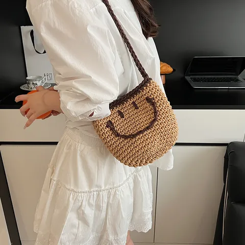 Handmade Cotton Woven Shoulder Bag Smiley Face Pattern Knit Bucket Bag Beach Vacation Casual Handbag Crochet Crossbody Bag
