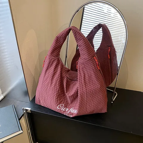 Korean Style Plaid Gingham Tote Bag For Women Large Capacity Nylon Shoulder Bag With Embroidery Letter Casual Travel Shopper Bag