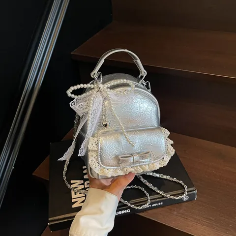 Women Mini Backpack Purse Pleated PU Leather Crossbody Bag With Lace Bowknot Pearl Pendant Fashion Chain Shoulder Bag