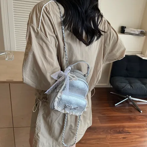 Women Mini Backpack Purse Pleated PU Leather Crossbody Bag With Lace Bowknot Pearl Pendant Fashion Chain Shoulder Bag