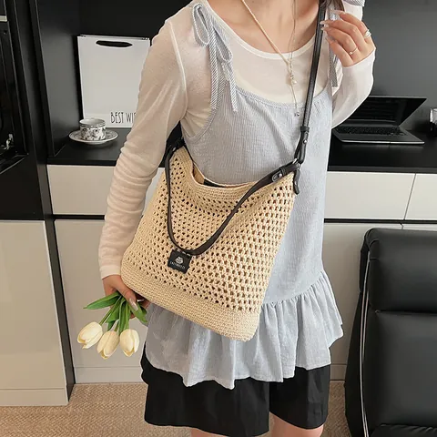 Handgefertigte Hohl Gestrickte Umhängetasche Für Damen Casual Netz-Tragetasche Mit PU-Lederriemen Sommer Strand Urlaub Achseltasche