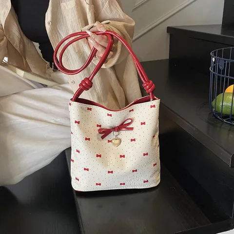 Fashionable Bowknot Polka Dot Shoulder Bag For Women Small PU Leather Tote Bag Sweet Underarm Bag With Pendant Daily Purse