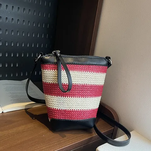 Damen Gestreift Gewebe Eimer Tasche PU Leder Patchwork Umhängetasche Klein Lässig Sommer Urlaub Handtasche
