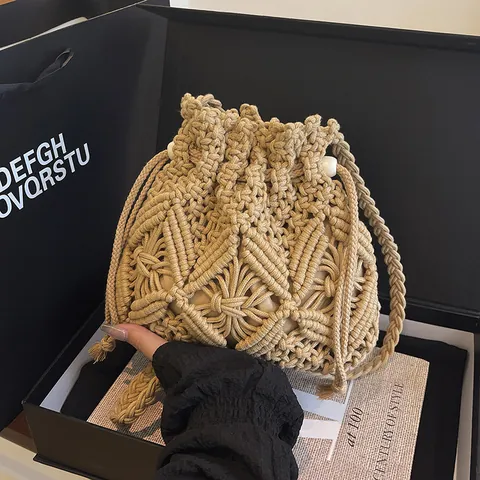 Handmade Crochet Woven Bucket Bag For Women Hollow Out Cotton Thread Beach Vacation Crossbody Shoulder Bag With Drawstring