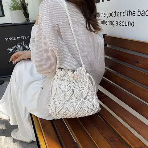 Handmade Crochet Woven Bucket Bag For Women Hollow Out Cotton Thread Beach Vacation Crossbody Shoulder Bag With Drawstring