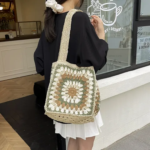 Damen Boho Gehäkelte Einkaufstasche Granny Square Blumenmuster Große Kapazität Handgefertigte Ethno Schultertasche