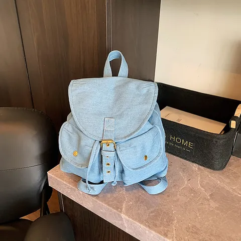 Zaino in Denim Retro da Donna Grande Capacità Multi-Tasca Coulisse Zaino da Viaggio Pendolare Casual Scuola Borsa a Spalla