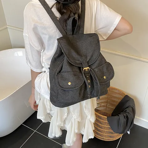 Zaino in Denim Retro da Donna Grande Capacità Multi-Tasca Coulisse Zaino da Viaggio Pendolare Casual Scuola Borsa a Spalla