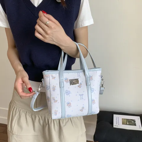 Borsa Tote da Donna con Stampa Orso Cartone Animato in Pelle PU con Dettaglio Fiocco Moda Coreana Borsa a Tracolla Quotidiana