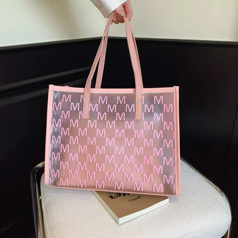 Large Capacity Transparent Jelly Tote Bag For Women Fashion Letter Print PVC Two-Piece Set Shoulder Bag With Inner Pouch