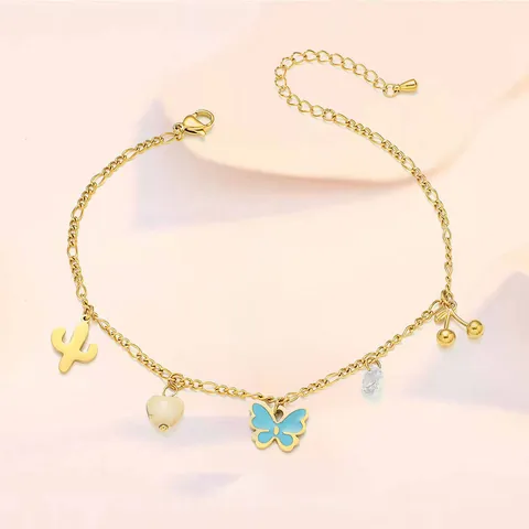 Women's Titanium Steel Butterfly Heart Anklet Gold Plated Zirconia Double Layer Adjustable Foot Chain Fashion Jewelry