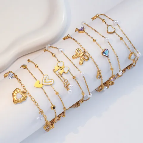 Women's Titanium Steel Butterfly Heart Anklet Gold Plated Zirconia Double Layer Adjustable Foot Chain Fashion Jewelry